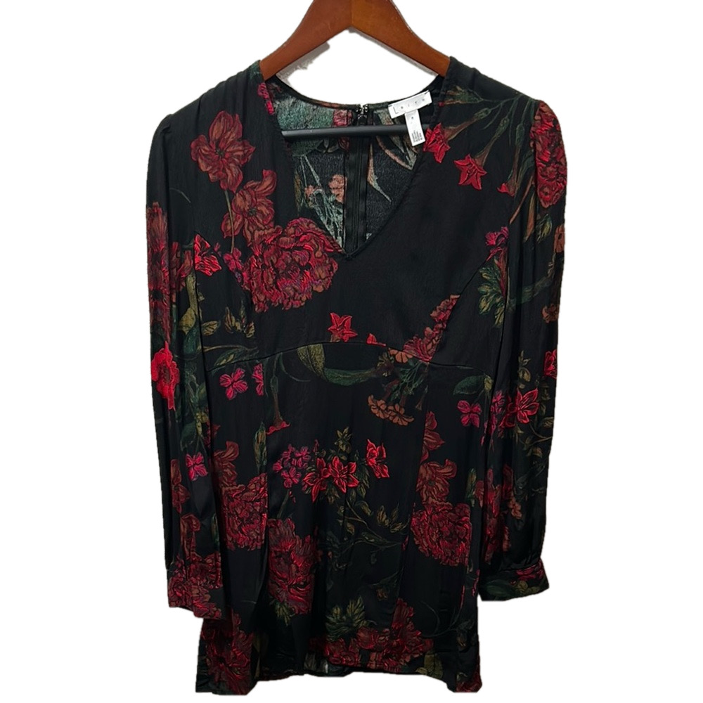 Leith red and black Floral V-Neck long sleeve mini dress size M GUC.. - Picture 4 of 16
